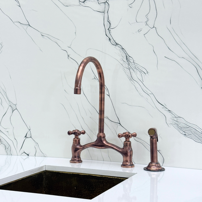 Antique Copper Kitchen Bridge Faucet with Drinking Water Tap, Sprayer, and Cross Handles