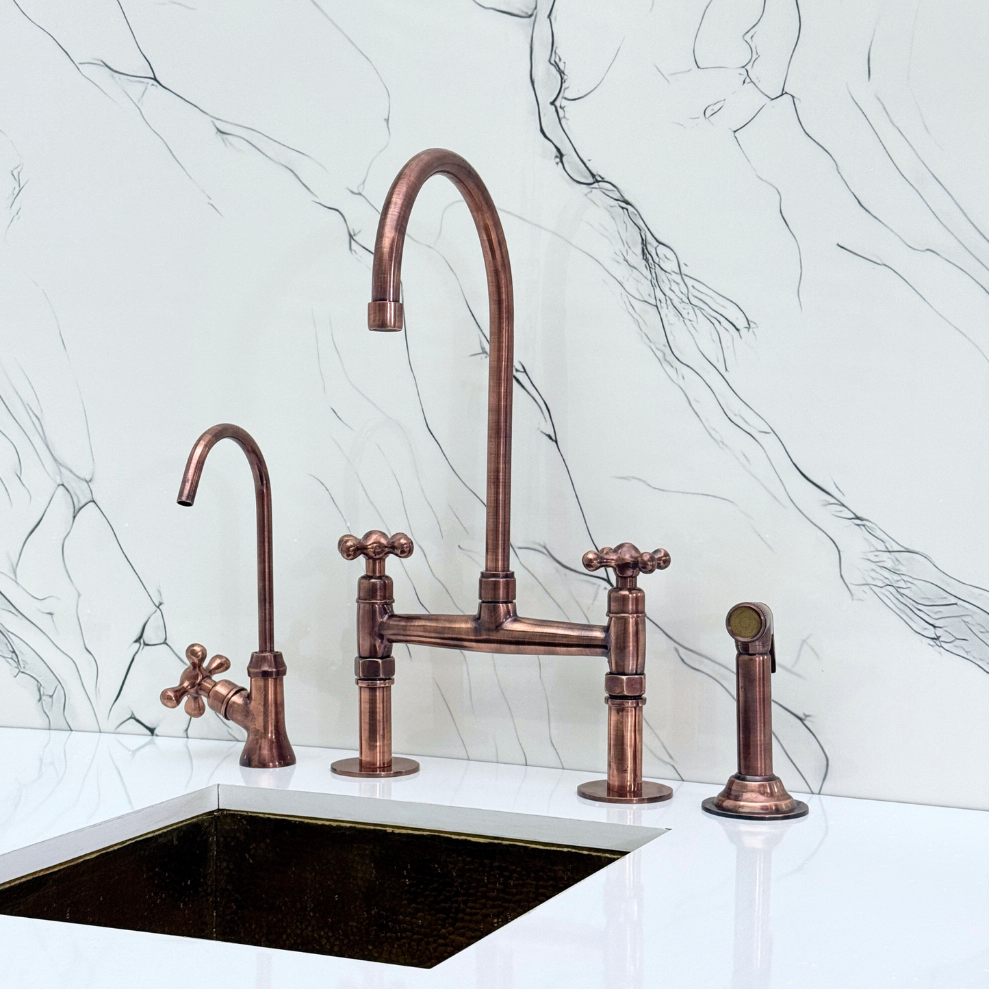 Antique Copper Kitchen Bridge Faucet with Sprayer, Cold Water Faucet and Cross Handles