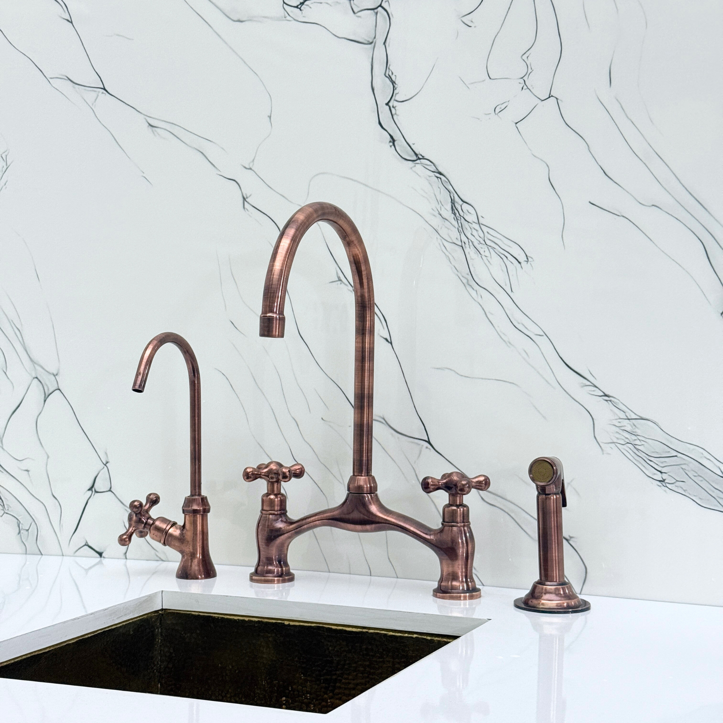 Antique Copper Kitchen Bridge Faucet with Drinking Water Tap, Sprayer, and Cross Handles