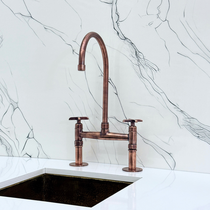 Antique Copper Kitchen Bridge Faucet with Sprayer, Cold Water Faucet and Cross Handles