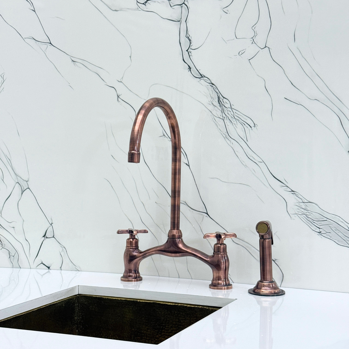 Antique Copper Kitchen Bridge Faucet with Drinking Water Tap, Sprayer, and Cross Handles