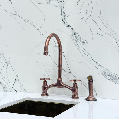 Antique Copper Kitchen Bridge Faucet with Drinking Water Tap, Sprayer, and Cross Handles
