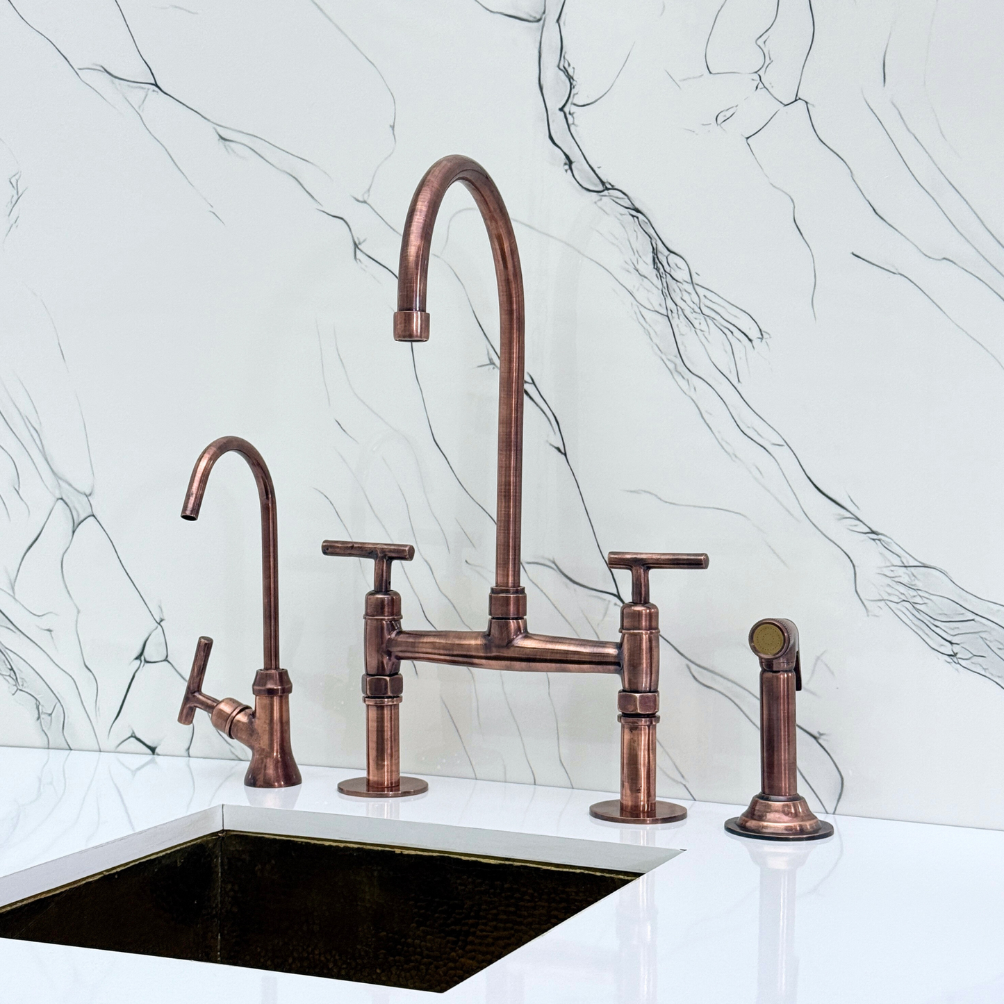 Antique Copper Kitchen Bridge Faucet with Sprayer, Cold Water Faucet and Lever Handles