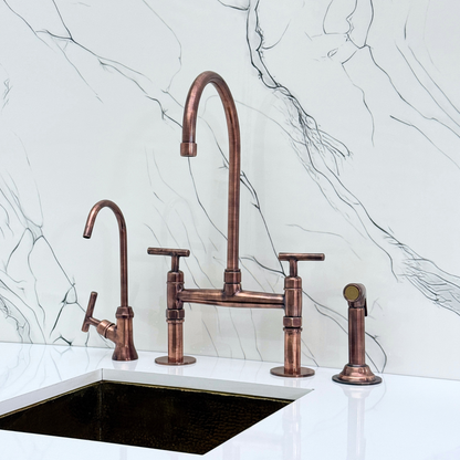 Antique Copper Kitchen Bridge Faucet with Sprayer, Cold Water Faucet and Lever Handles