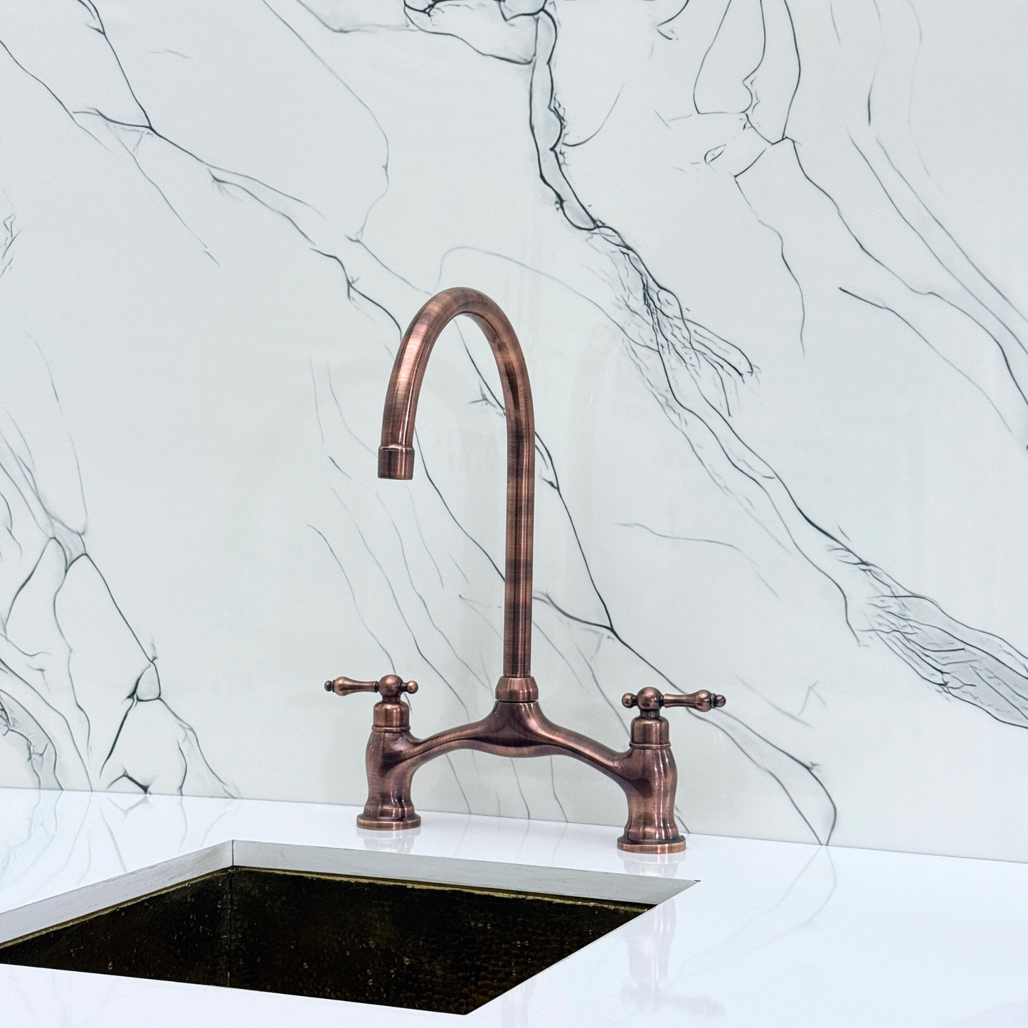 Antique Copper Kitchen Bridge Faucet with Drinking Water Tap, Sprayer, and Lever Handles