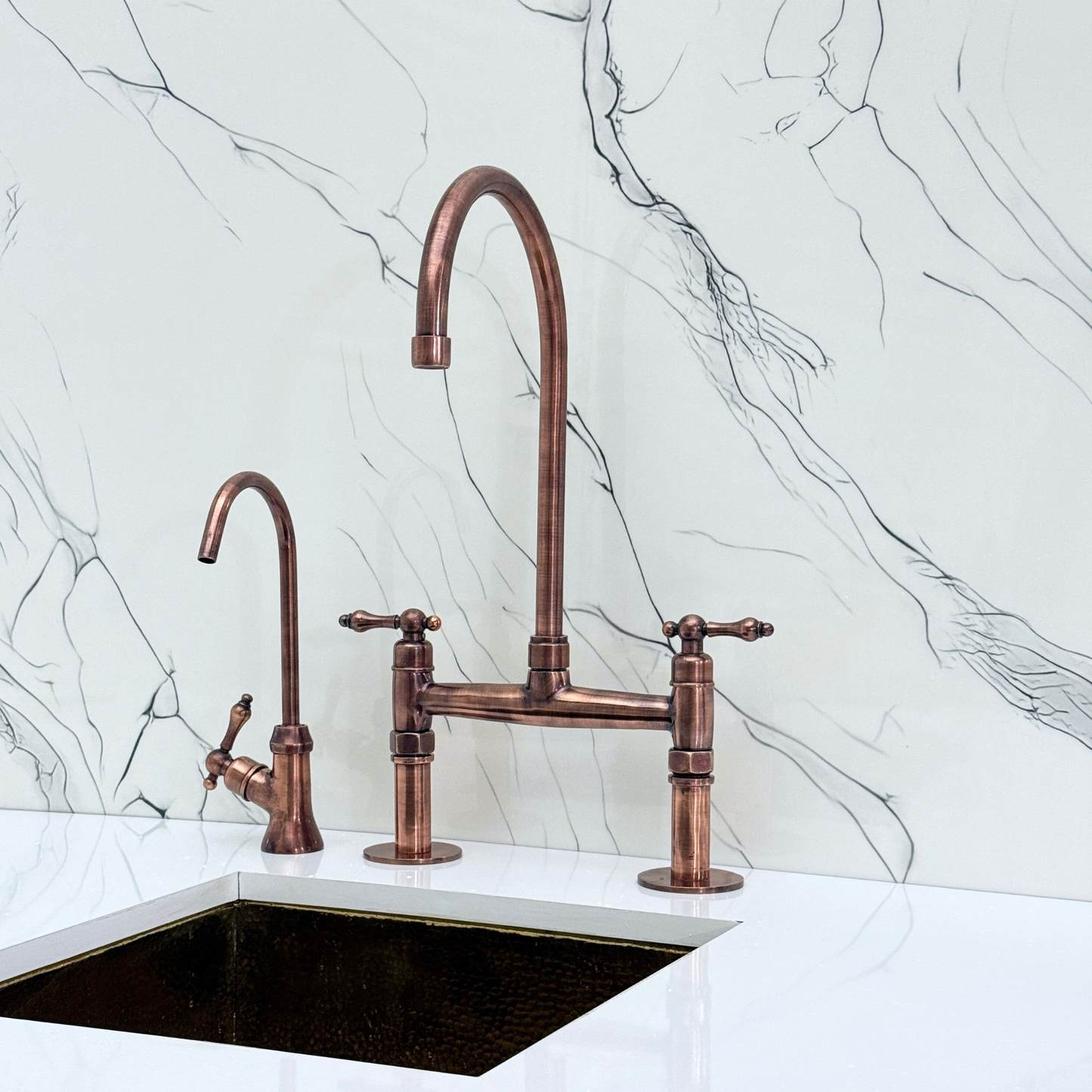 Antique Copper Kitchen Bridge Faucet with Sprayer, Cold Water Faucet and Lever Handles