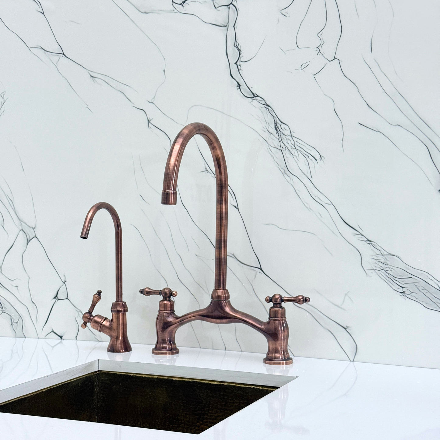 Antique Copper Kitchen Bridge Faucet with Drinking Water Tap, Sprayer, and Lever Handles