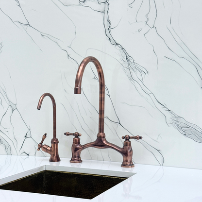 Antique Copper Kitchen Bridge Faucet with Drinking Water Tap, Sprayer, and Lever Handles