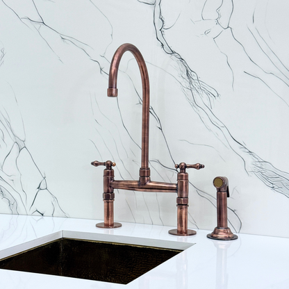 Antique Copper Kitchen Bridge Faucet with Sprayer, Cold Water Faucet and Lever Handles