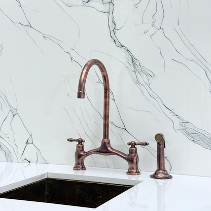 Antique Copper Kitchen Bridge Faucet with Drinking Water Tap, Sprayer, and Lever Handles