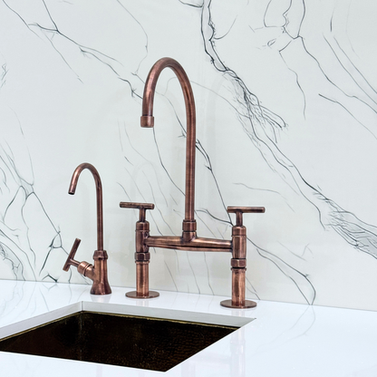Antique Copper Kitchen Bridge Faucet with Sprayer, Cold Water Faucet and Lever Handles