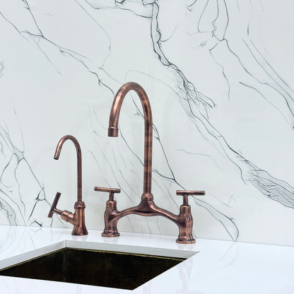 Antique Copper Kitchen Bridge Faucet with Drinking Water Tap, Sprayer, and Lever Handles