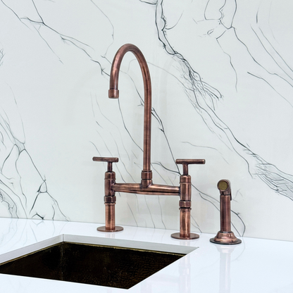 Antique Copper Kitchen Bridge Faucet with Sprayer, Cold Water Faucet and Lever Handles