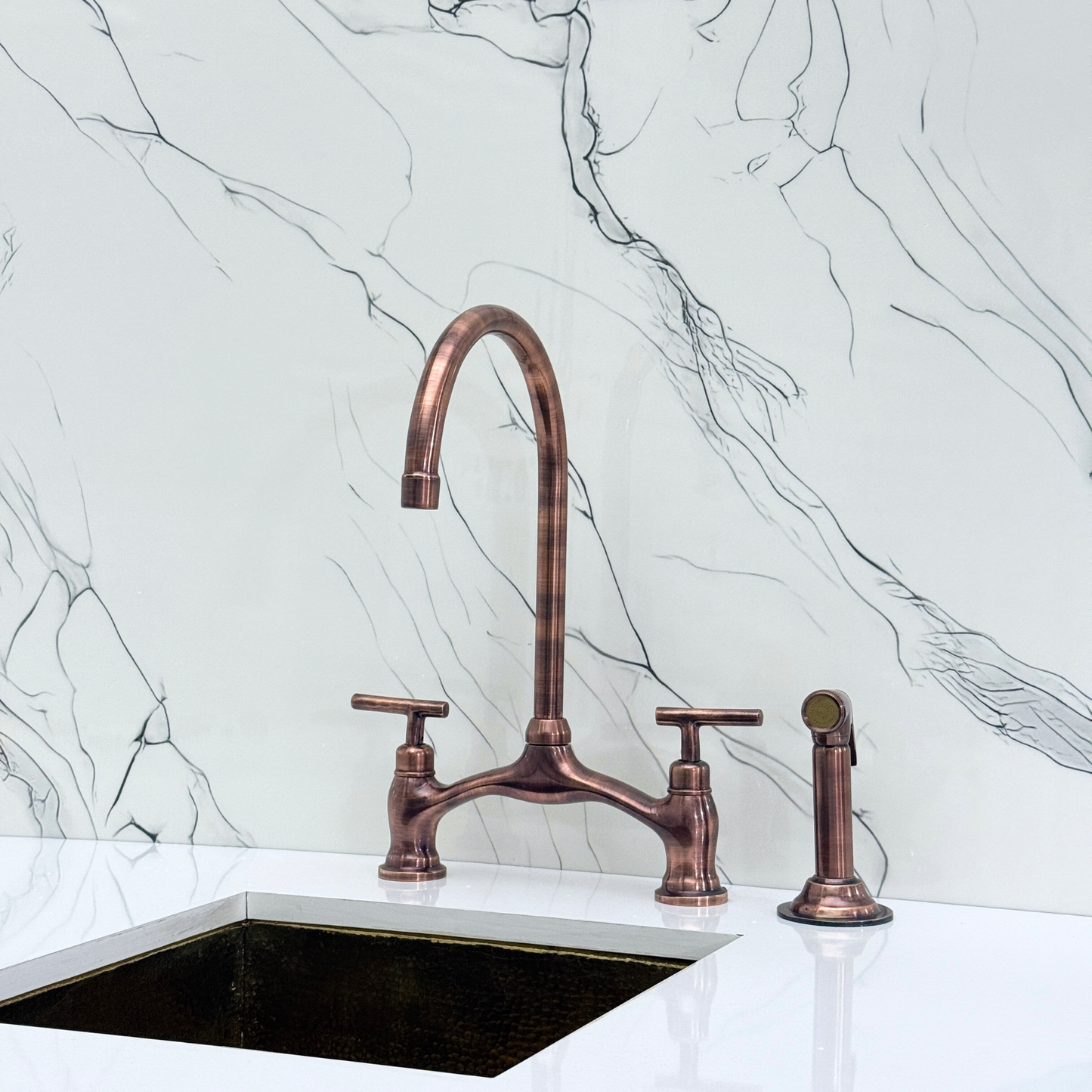 Antique Copper Kitchen Bridge Faucet with Drinking Water Tap, Sprayer, and Lever Handles