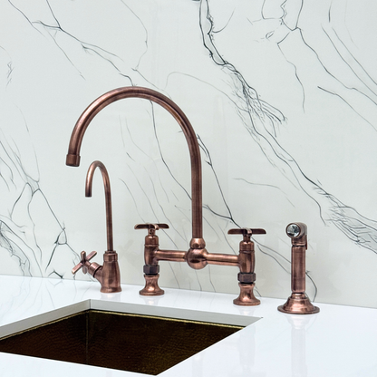 Antique Copper Bridge Vintage Kitchen Faucet with Ball Center, Sprayer, Cold Water Faucet and Cross Handles