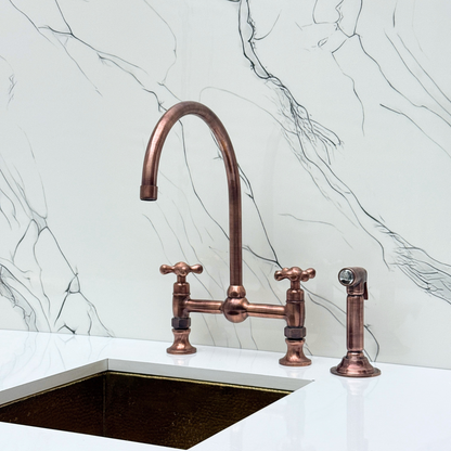 Antique Copper Bridge Vintage Kitchen Faucet with Ball Center, Sprayer, Cold Water Faucet and Cross Handles