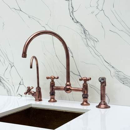 Antique Copper Bridge Vintage Kitchen Faucet with Ball Center, Sprayer, Cold Water Faucet and Cross Handles
