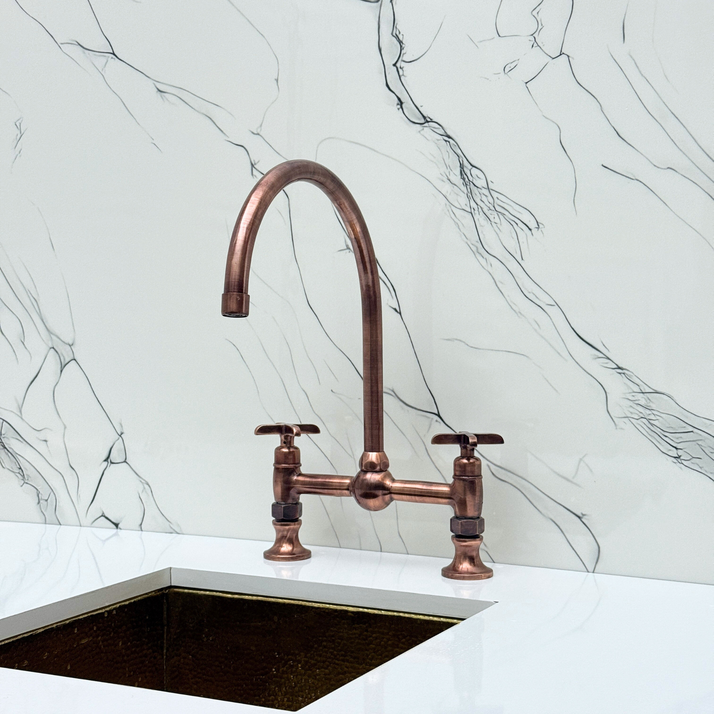 Antique Copper Bridge Vintage Kitchen Faucet with Ball Center, Sprayer, Cold Water Faucet and Cross Handles