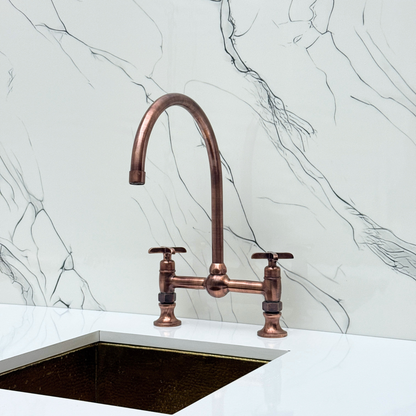 Antique Copper Bridge Vintage Kitchen Faucet with Ball Center, Sprayer, Cold Water Faucet and Cross Handles