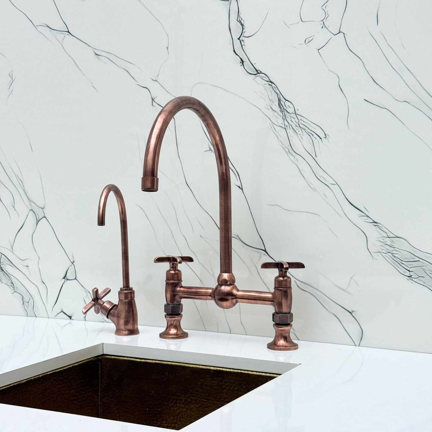 Antique Copper Bridge Vintage Kitchen Faucet with Ball Center, Sprayer, Cold Water Faucet and Cross Handles