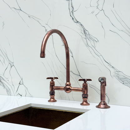 Antique Copper Bridge Vintage Kitchen Faucet with Ball Center, Sprayer, Cold Water Faucet and Cross Handles