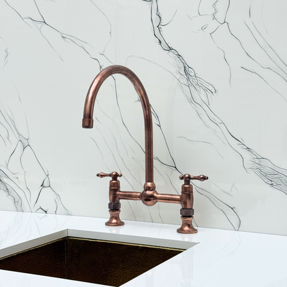Antique Copper Bridge Vintage Kitchen Faucet with Ball Center, Sprayer, Cold Water Faucet and Lever Handles