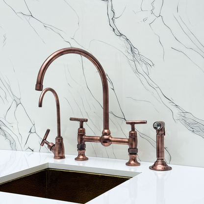 Antique Copper Bridge Vintage Kitchen Faucet with Ball Center, Sprayer, Cold Water Faucet and Lever Handles