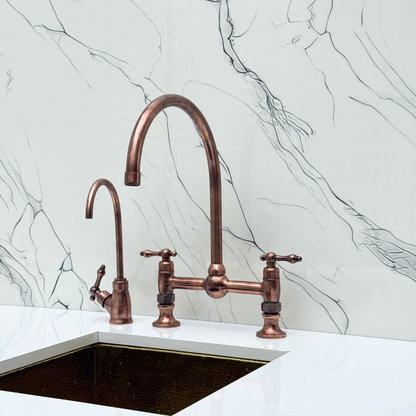 Antique Copper Bridge Vintage Kitchen Faucet with Ball Center, Sprayer, Cold Water Faucet and Lever Handles