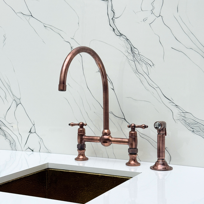 Antique Copper Bridge Vintage Kitchen Faucet with Ball Center, Sprayer, Cold Water Faucet and Lever Handles