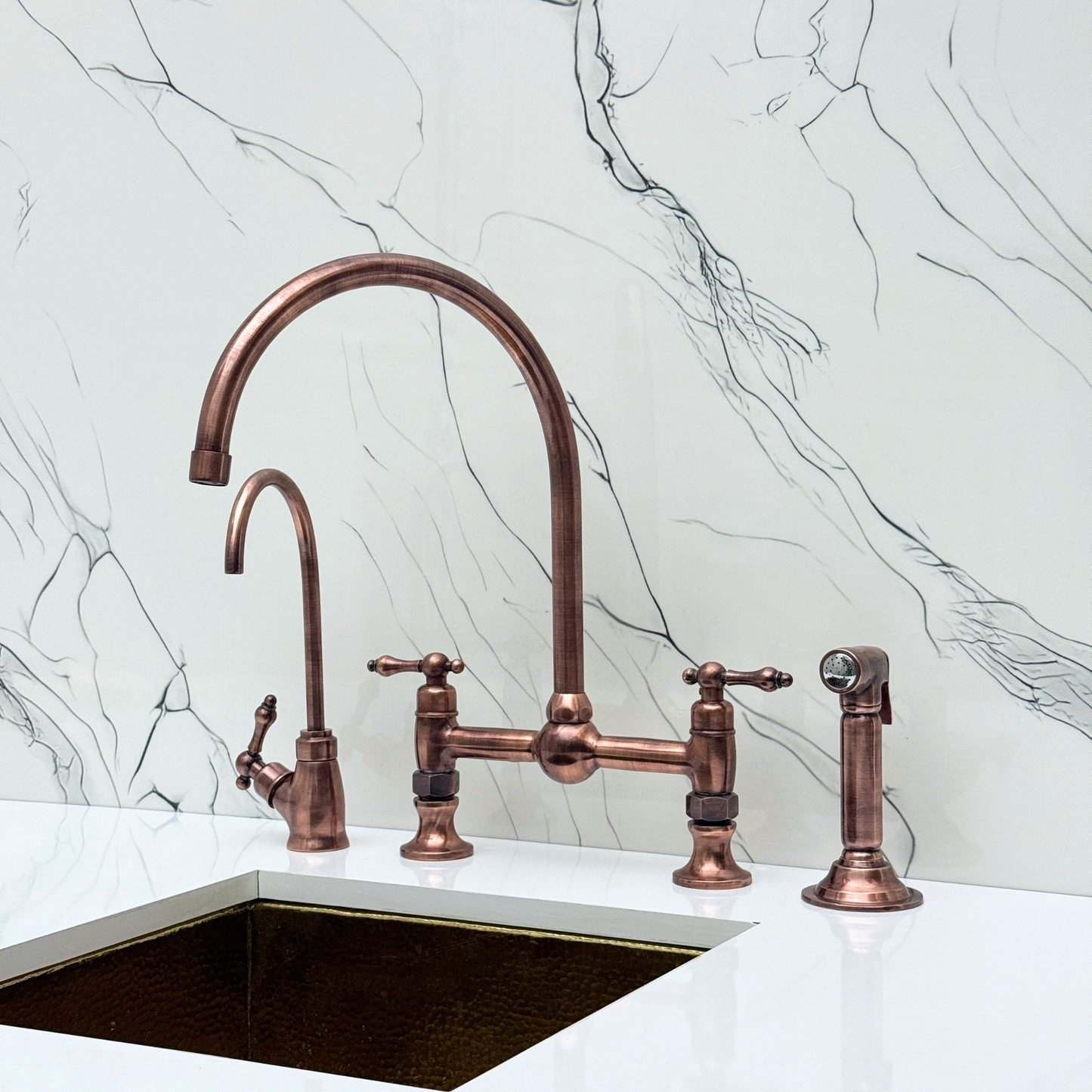 Antique Copper Bridge Vintage Kitchen Faucet with Ball Center, Sprayer, Cold Water Faucet and Lever Handles