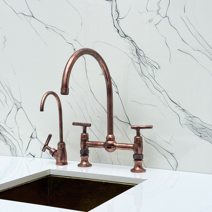 Antique Copper Bridge Vintage Kitchen Faucet with Ball Center, Sprayer, Cold Water Faucet and Lever Handles