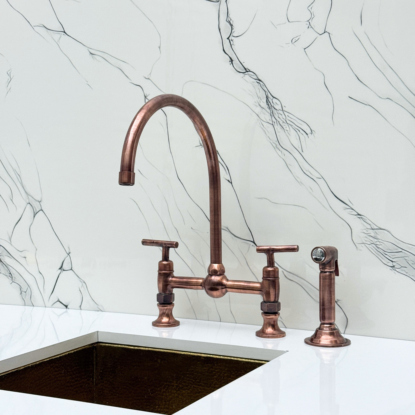 Antique Copper Bridge Vintage Kitchen Faucet with Ball Center, Sprayer, Cold Water Faucet and Lever Handles