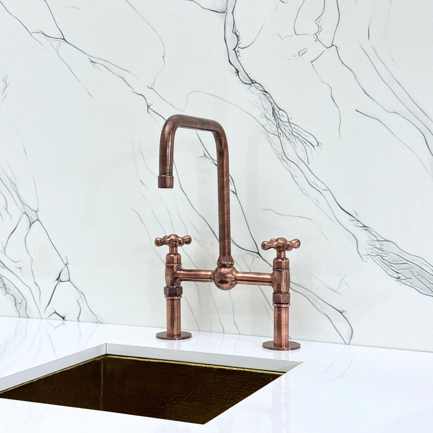 Antique Copper Classic Bridge Faucet with Ball Center, Straight Legs, Sprayer, Cold Water Faucet and Cross Handles