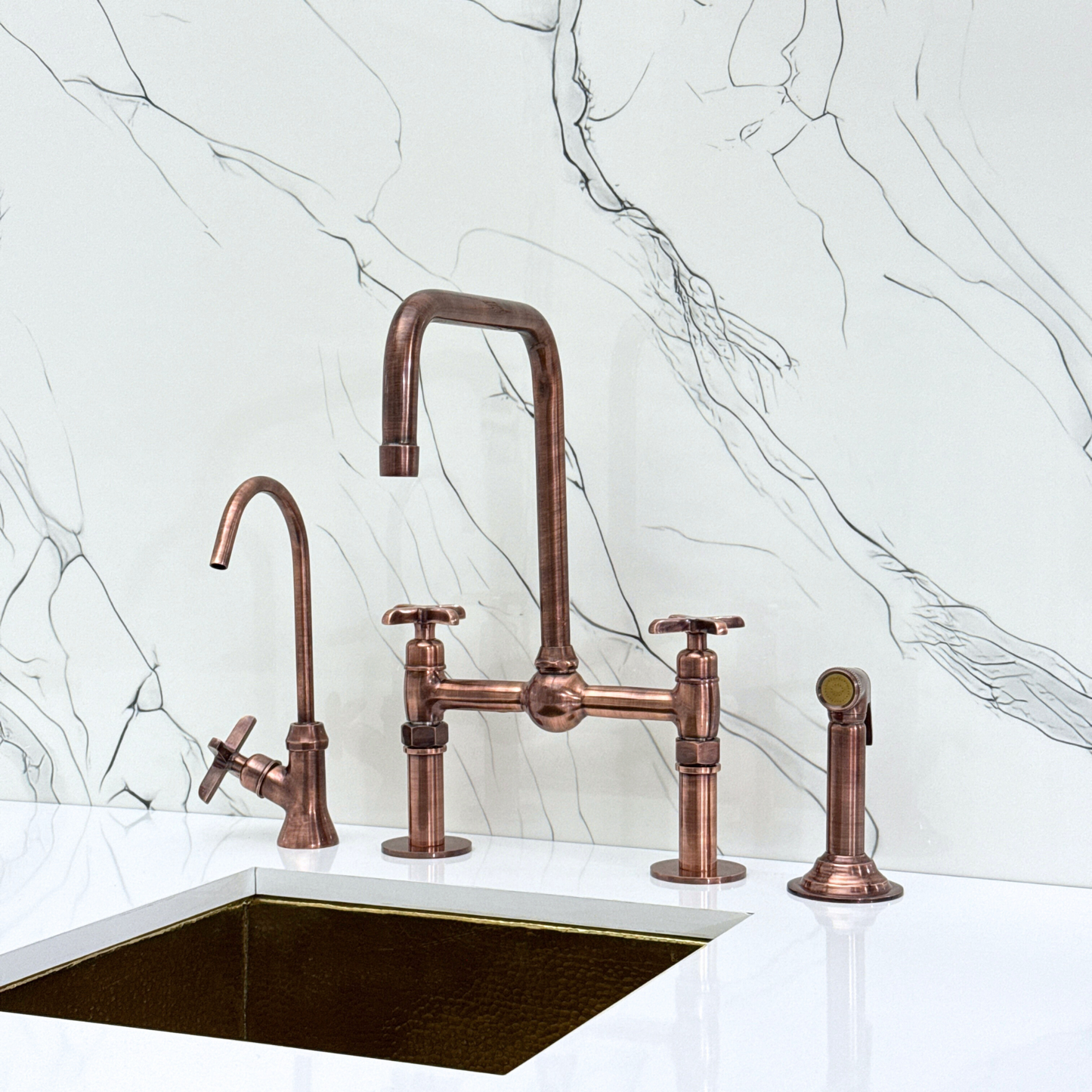 Antique Copper Classic Bridge Faucet with Ball Center, Straight Legs, Sprayer, Cold Water Faucet and Cross Handles