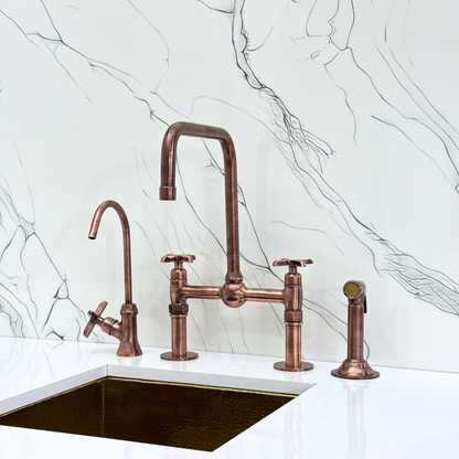 Antique Copper Classic Bridge Faucet with Ball Center, Straight Legs, Sprayer, Cold Water Faucet and Cross Handles