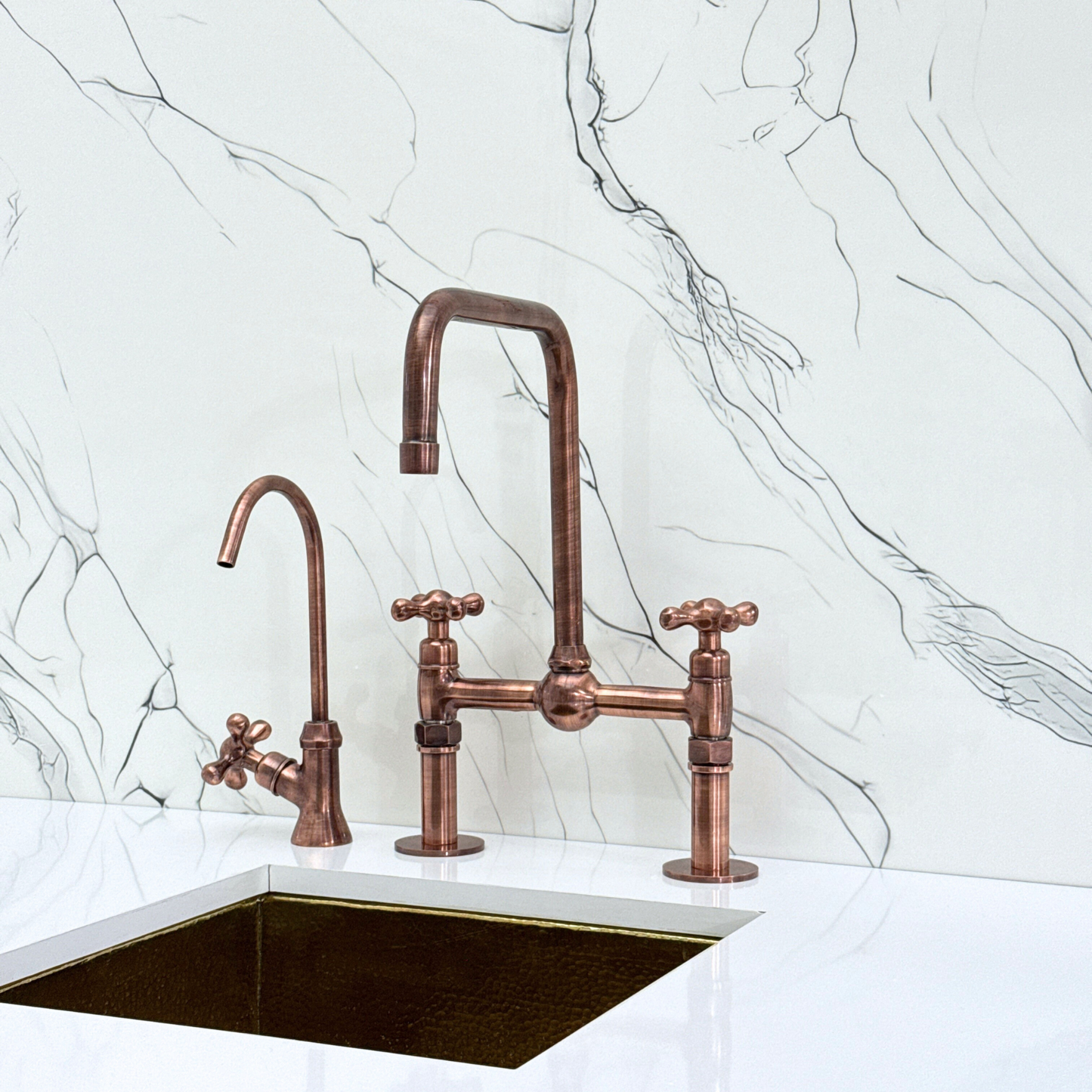 Antique Copper Classic Bridge Faucet with Ball Center, Straight Legs, Sprayer, Cold Water Faucet and Cross Handles