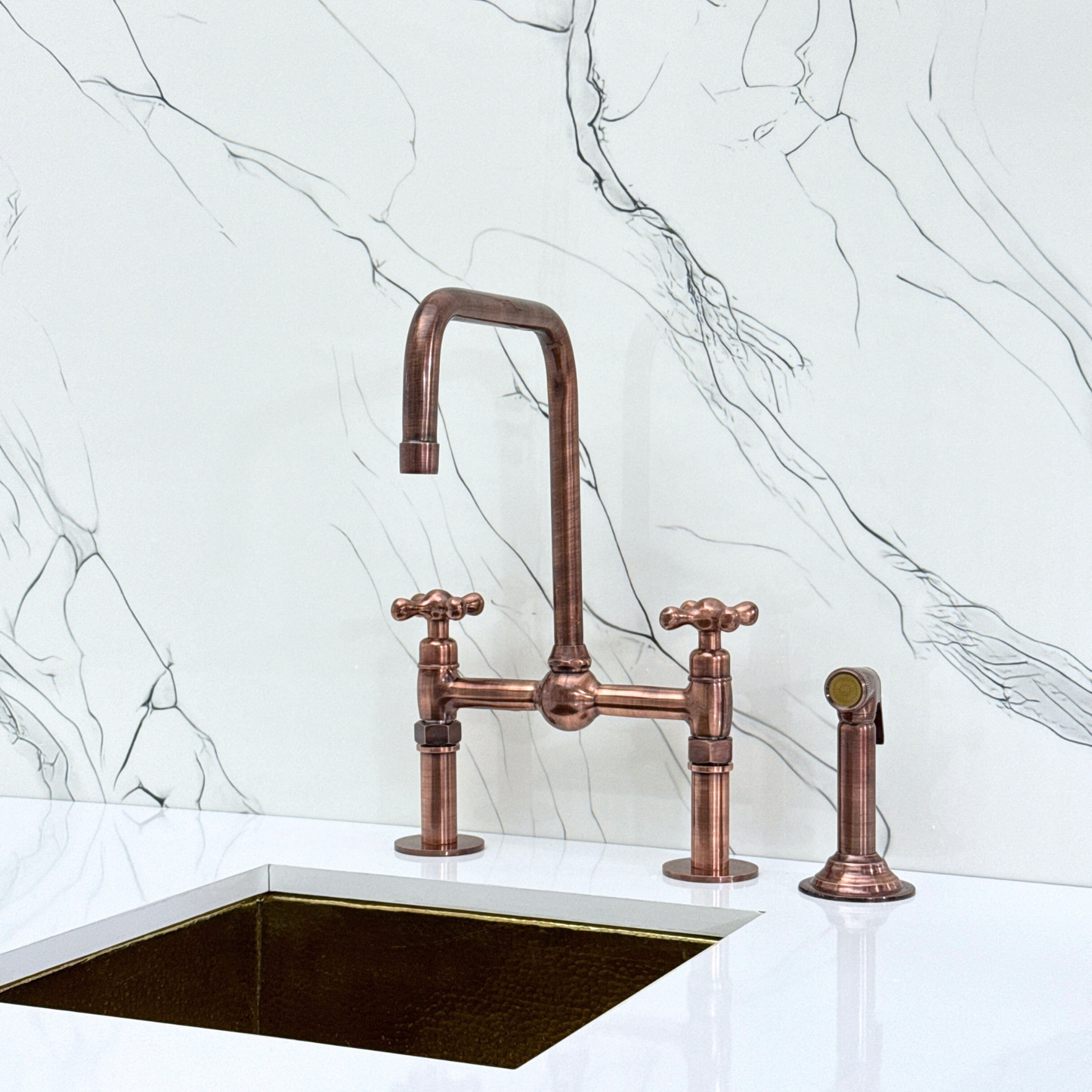 Antique Copper Classic Bridge Faucet with Ball Center, Straight Legs, Sprayer, Cold Water Faucet and Cross Handles