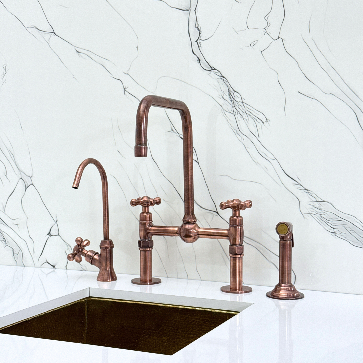 Antique Copper Classic Bridge Faucet with Ball Center, Straight Legs, Sprayer, Cold Water Faucet and Cross Handles