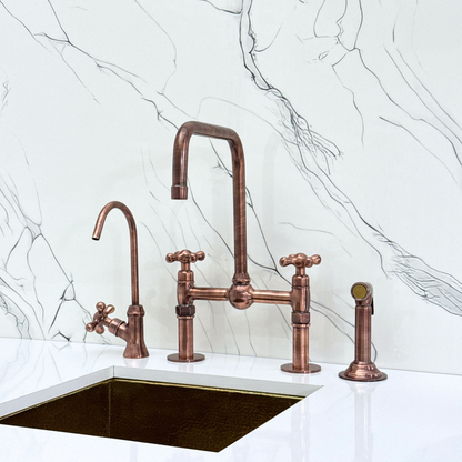Antique Copper Classic Bridge Faucet with Ball Center, Straight Legs, Sprayer, Cold Water Faucet and Cross Handles