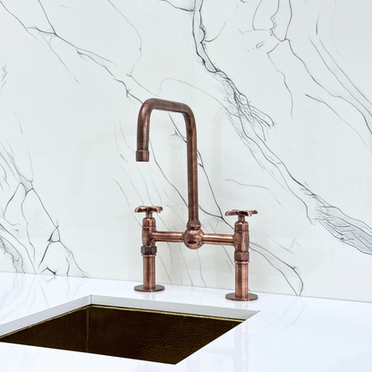 Antique Copper Classic Bridge Faucet with Ball Center, Straight Legs, Sprayer, Cold Water Faucet and Cross Handles