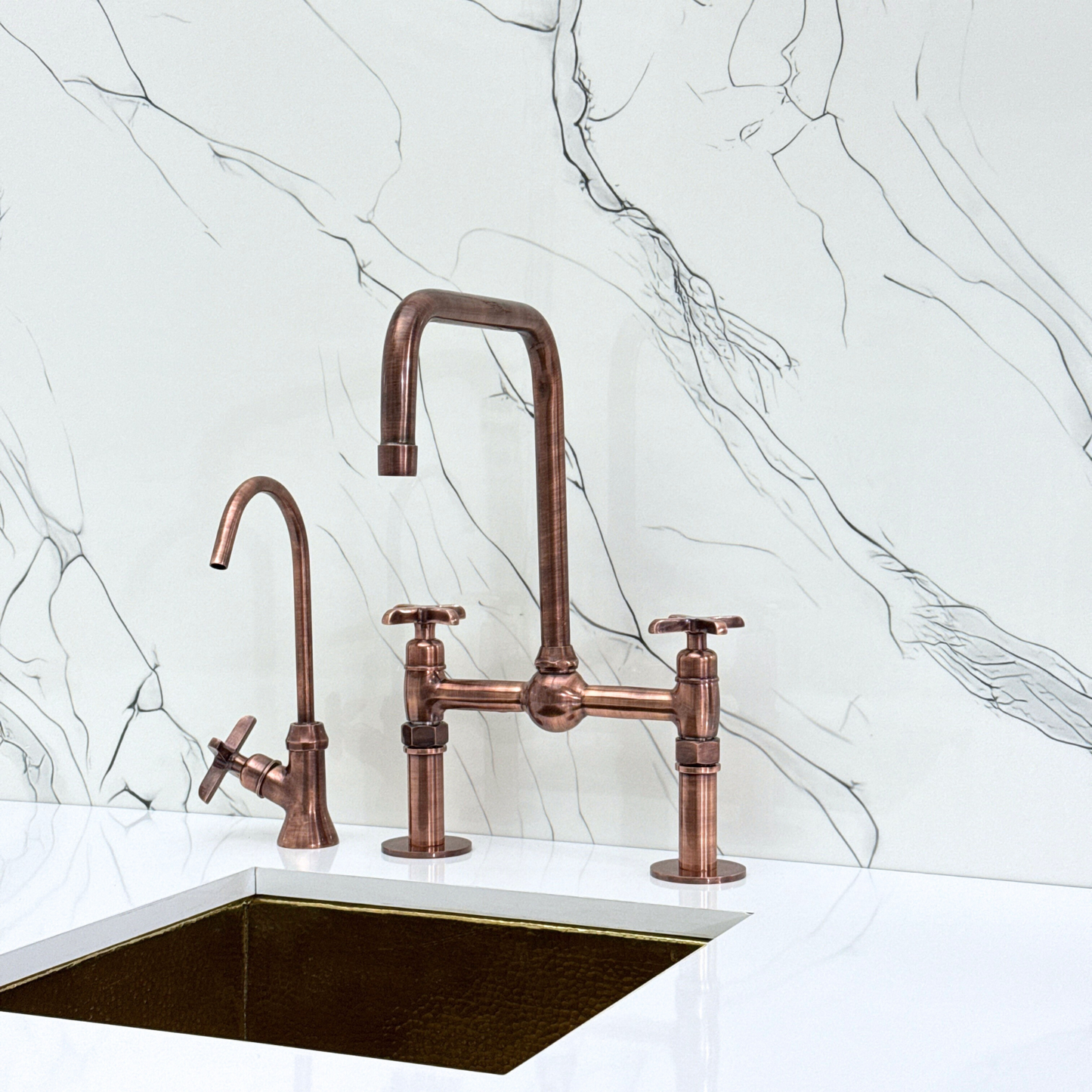 Antique Copper Classic Bridge Faucet with Ball Center, Straight Legs, Sprayer, Cold Water Faucet and Cross Handles