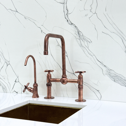 Antique Copper Classic Bridge Faucet with Ball Center, Straight Legs, Sprayer, Cold Water Faucet and Cross Handles
