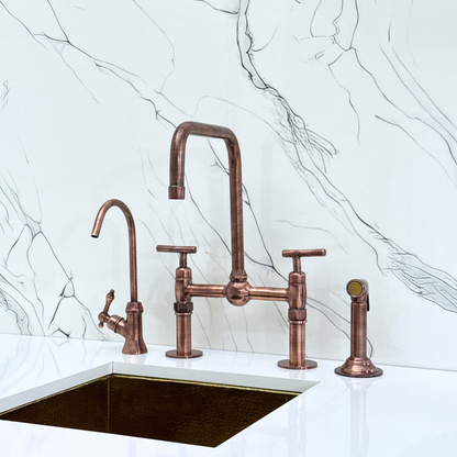 Antique Copper Classic Bridge Faucet with Ball Center, Straight Legs, Sprayer, Cold Water Faucet and Lever Handles