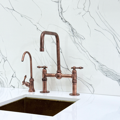 Antique Copper Classic Bridge Faucet with Ball Center, Straight Legs, Sprayer, Cold Water Faucet and Lever Handles