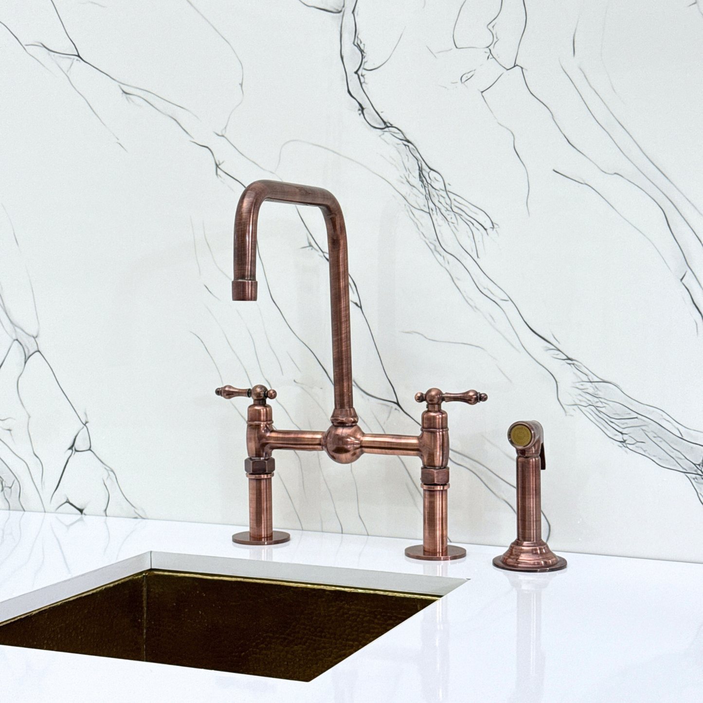 Antique Copper Classic Bridge Faucet with Ball Center, Straight Legs, Sprayer, Cold Water Faucet and Lever Handles