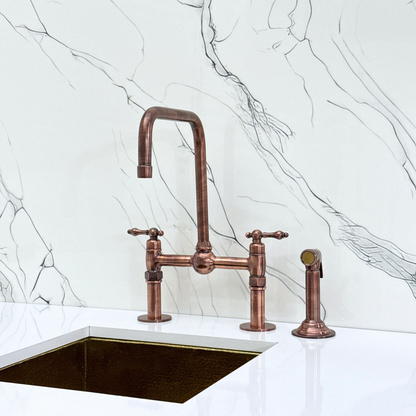 Antique Copper Classic Bridge Faucet with Ball Center, Straight Legs, Sprayer, Cold Water Faucet and Lever Handles