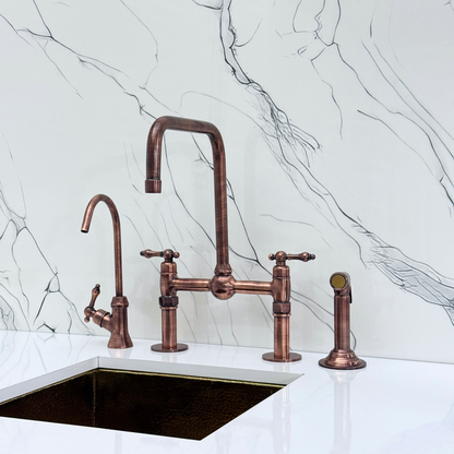 Antique Copper Classic Bridge Faucet with Ball Center, Straight Legs, Sprayer, Cold Water Faucet and Lever Handles