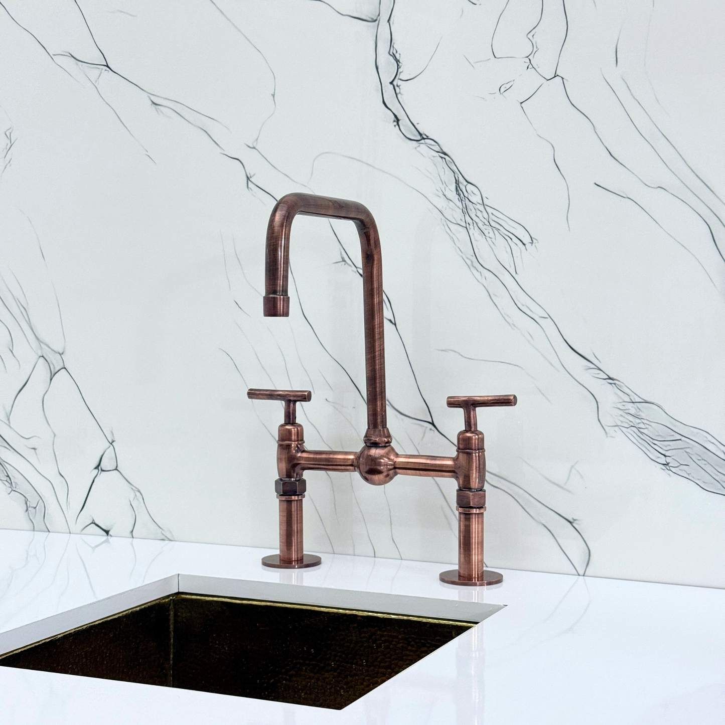 Antique Copper Classic Bridge Faucet with Ball Center, Straight Legs, Sprayer, Cold Water Faucet and Lever Handles