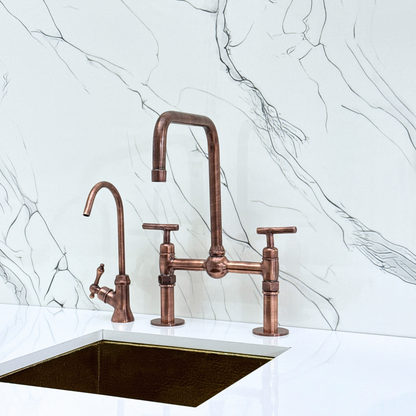 Antique Copper Classic Bridge Faucet with Ball Center, Straight Legs, Sprayer, Cold Water Faucet and Lever Handles
