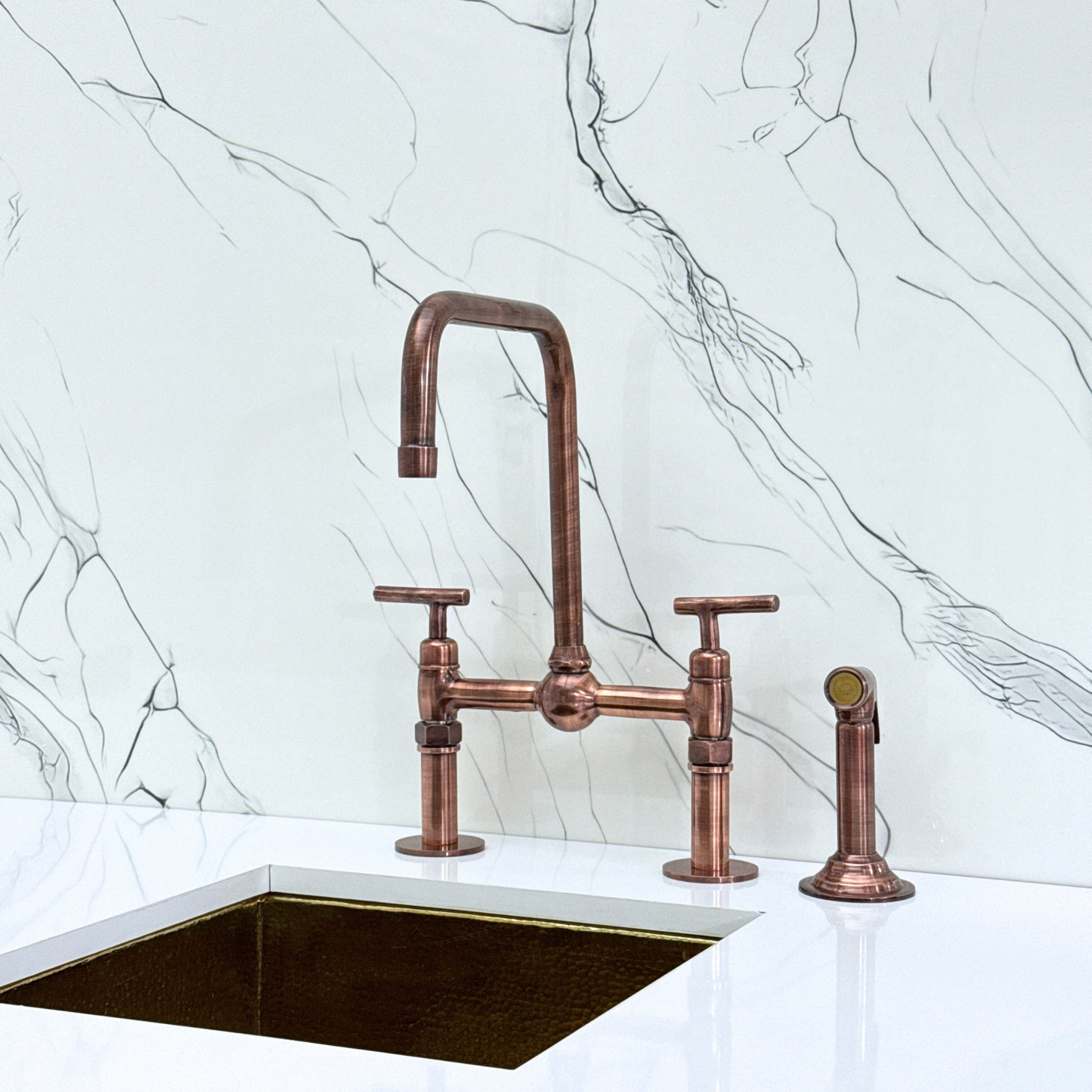 Antique Copper Classic Bridge Faucet with Ball Center, Straight Legs, Sprayer, Cold Water Faucet and Lever Handles